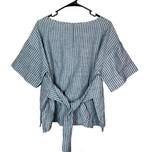 CLN Linen Blend Blue White Striped Short Sleeve‎ Top Size Large - Picture 7 of 8